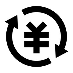 Black yen symbol encircled by a circular arrow indicating currency exchange and financial transactions process