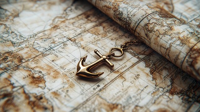 Aged nautical chart featuring antique maritime navigation map brass anchor weathered paper texture brown spots vintage cartographic sailing details