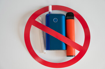 Prohibitory sign on a vape, cigarette and electronic cigarette.
