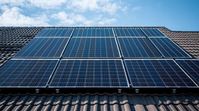 Residential solar system panels installed on modern house roof with red clay tiles against blue sky upward perspective