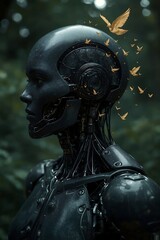 Fototapeta premium A sophisticated dark metallic robot head in profile with a flock of small golden birds flying around its head and shoulders