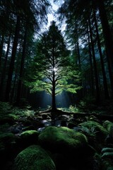 Naklejka premium Sunlight filtering through a forest canopy, illuminating a lone tree