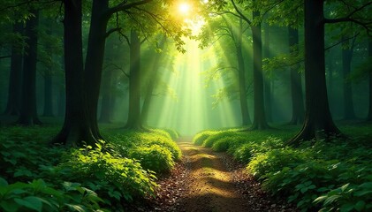 Serene Forest Path Sunlight Illuminates a Peaceful Trail Through Lush Canopy, Inviting Exploration Deeper into the Woods