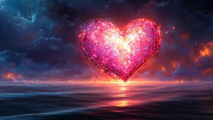 Abstract animated heart with glitter effect floating above water reflecting the dramatic sky with fire-like clouds. Emotional scene of love and passion - Powered by Adobe