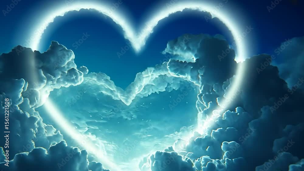 Wall mural glowing heart shape outlined in white light against a backdrop of fluffy white clouds and a gradient