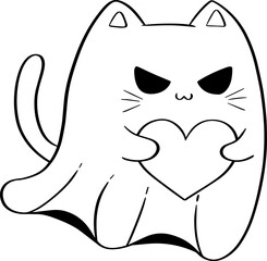 A cute halloween ghost cat holding heart doodle line art