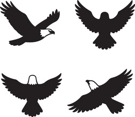 flying bald eagle silhouette icons set side, front, back, and top views vector art illustration