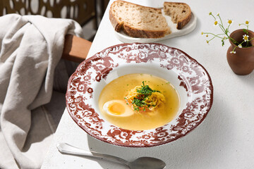 Chicken broth with egg and noodles, bright daylight, overhead composition in an ornate ceramic bowl