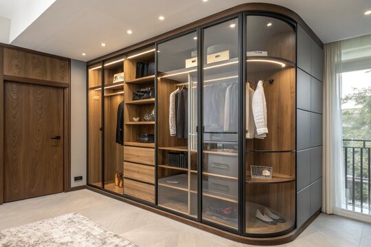 A large walk in closet with a black and brown color scheme - Powered by Adobe