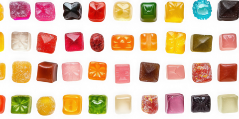 Array of colorful cube shaped candies arranged in rows view on transparent background