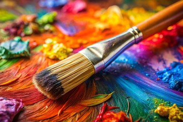 Fototapeta premium A paintbrush is sitting on a table with a variety of colorful paint