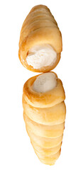 Front view of two puff pastry cream horns isolated with clipping path in png file format