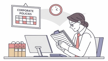 A woman in a white shirt and tie sits at her desk reviewing corporate policies