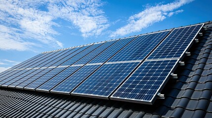 Fototapeta premium Solar panel assessment roof mounted array residential house blue sky clouds sustainable energy green technology modern installation