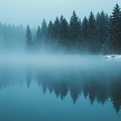 Fototapeta premium Frozen Lake Encircled by Misty Pines in Cinematic Blue Tones