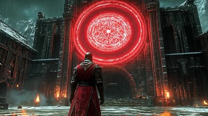 A mysterious figure in red attire stands before a monumental stone structure featuring a large glowing red symbol in a dark and stormy environment
