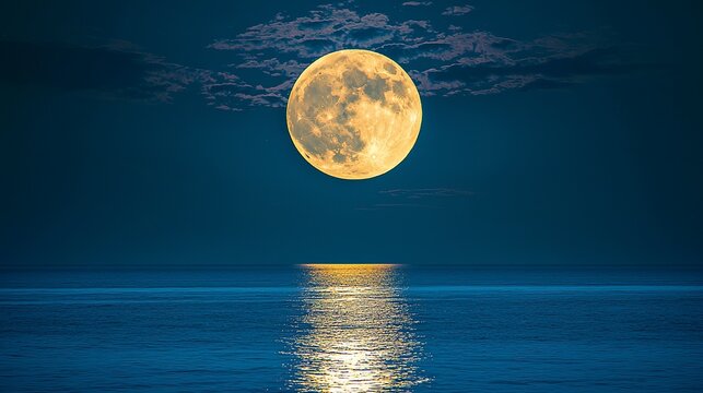 Full moon over ocean with glowing blue water and silver reflections under a cloudy night sky, magical natural seascape, high-resolution realistic photography