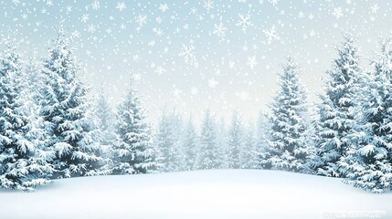 Obraz premium Serene winter background with snow-covered trees, light blue sky, and gently falling snowflakes, with blank space in the lower right for text or product display, ideal for seasonal banners
