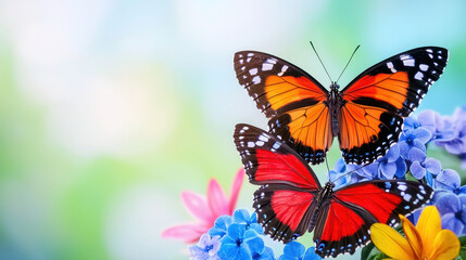 Fototapeta premium Vibrant butterfly perched on colorful flowers, showcasing nature beauty and harmony. scene evokes sense of tranquility and joy