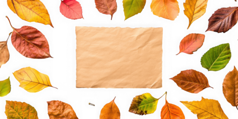 A blank paper surrounded by colorful autumn leaves on transparent background