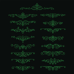 Vector set. Elegant green decorative flourishes and swirls. Ornate swirls and flourishes in Green Decorative green elements with intricate swirls and flourishes. Hand drawn ornament vector set.