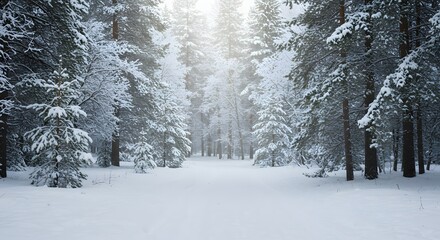 Naklejka premium Winter forest scene with snow-covered trees and bright sunlight