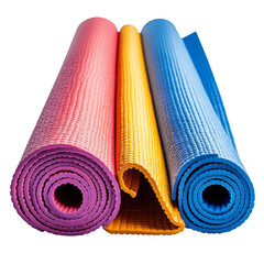 Three yoga mats are rolled up in a row