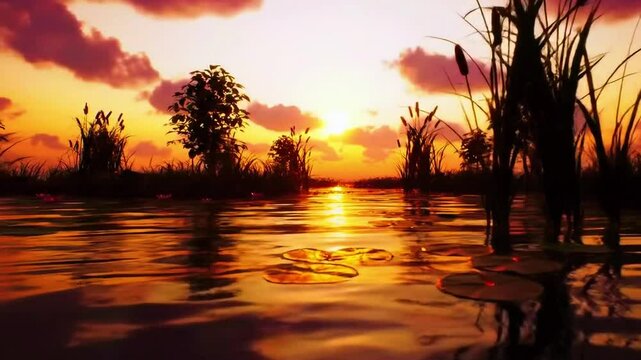 A realistic 4K cinematic wetland meander at sunset, clear water reflecting the deep orange and pink hues of fading light, slow drifting clouds create movement above a still landscape of static reeds