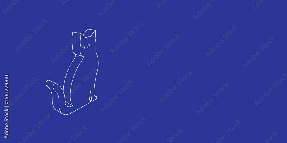 Poster the outline of a large cat icon made of white lines on the left. 3d view of the object in perspectiv