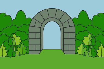 Fototapeta premium Stone Archway Entrance to a Lush Green Garden A Serene Landscape Illustration