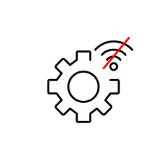 Cogwheel and no wi-fi. Offline settings, disconnected configuration, no internet mode, local system control, network-free operation. Pixel perfect, editable stroke vector icon