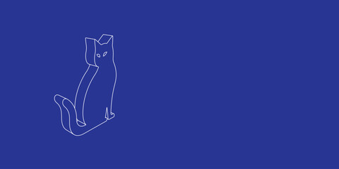 The outline of a large cat icon made of white lines on the left. 3D view of the object in perspective. Vector illustration on indigo background