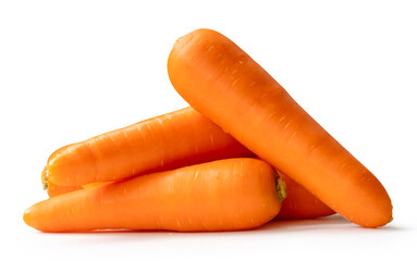 Side view of four fresh orange carrot roots in stack isolated on white background with clipping path