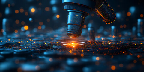 Scientific research under microscope in laboratory with digital visualization elements illuminating technological discovery exploration and cutting edge innovation