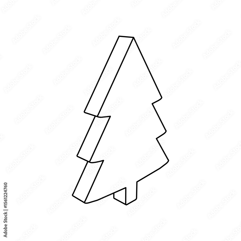 Poster the outline of a large fir-tree symbol is made with black lines. 3d view of the object in perspectiv