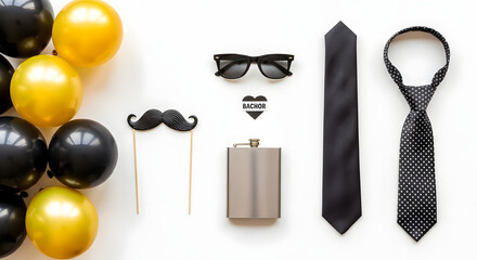 A stylish flat lay of bachelor party essentials featuring black and gold balloons, a novelty mustache prop, sunglasses, a hip flask, and two elegant black ties, all arranged oblack and white 3d people