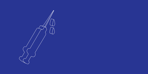 The outline of a large syringe symbol made of white lines on the left. 3D view of the object in perspective. Vector illustration on indigo background