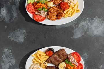 Grilled chicken fillet with vegetables and rice, bright overhead, minimalist restaurant composition