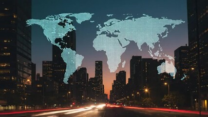 City skyline at dusk with world map overlay - Powered by Adobe
