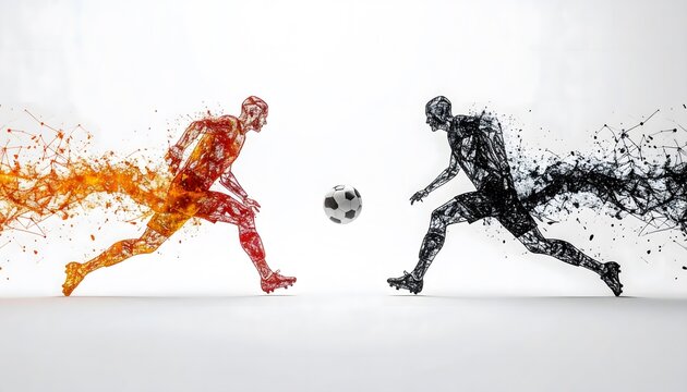 Football players running towards ball during soccer game derby