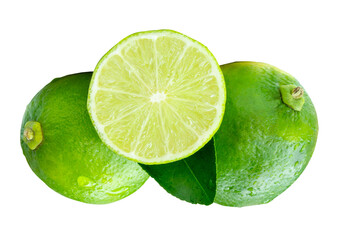 Top view of fresh green lemon fruits with half and green leaves in stack isolated on white background with clipping path