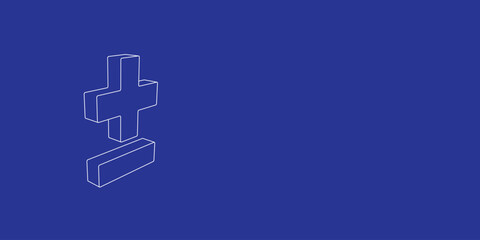 The outline of a large plus–minus sign made of white lines on the left. 3D view of the object in perspective. Vector illustration on indigo background