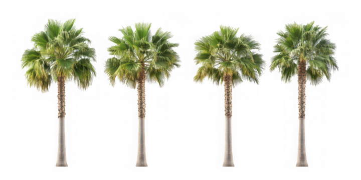 Four identical palm trees with green fronds isolated against  on transparent background
