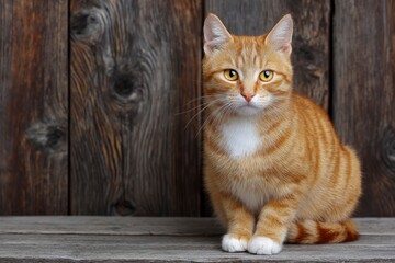 An orange tabby cat with white paws sits against a weathered wooden background