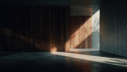 Sunlit minimalist interior with concrete and wood; warm light casts shadows on polished floors