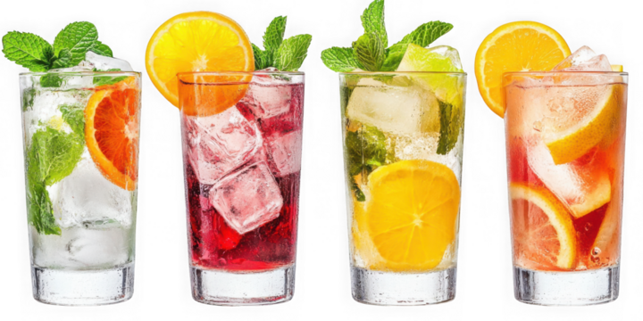 Four refreshing cocktails with ice and citrus fruit slices on transparent background - Powered by Adobe