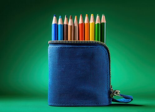 blue pencil case with colored pencils on green background school supplies concept. back to school