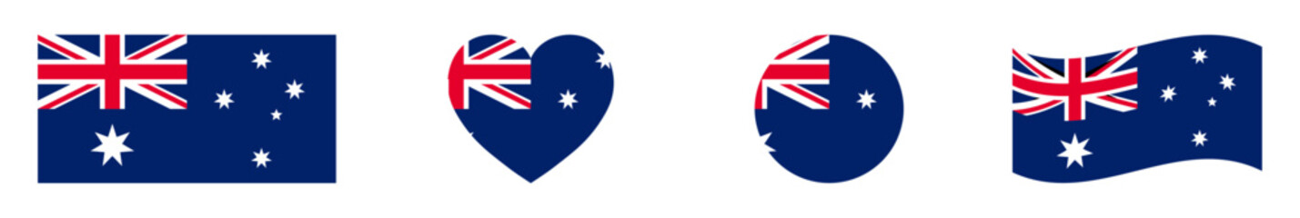 Australia national flags set in square, heart, circle and waving formats designs element. Australia flags collection. Set of Australia flags icons isolated on white background. Vector illustration.