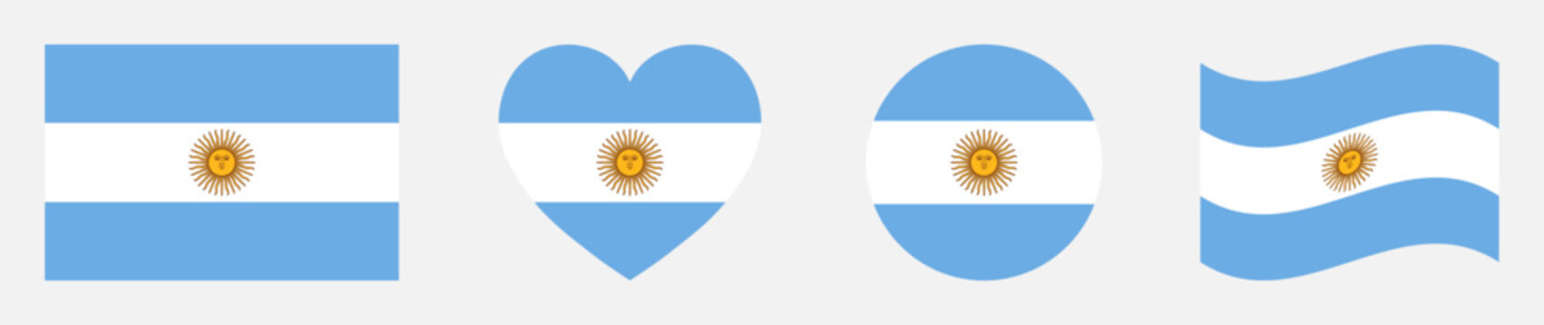 Argentina national flags set in square, heart, circle and waving formats designs element. Argentina flags collection. Set of Argentina flags icons isolated on gray background. Vector illustration.