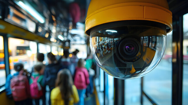 Close-up of a surveillance camera monitoring children boarding on school bus - Powered by Adobe